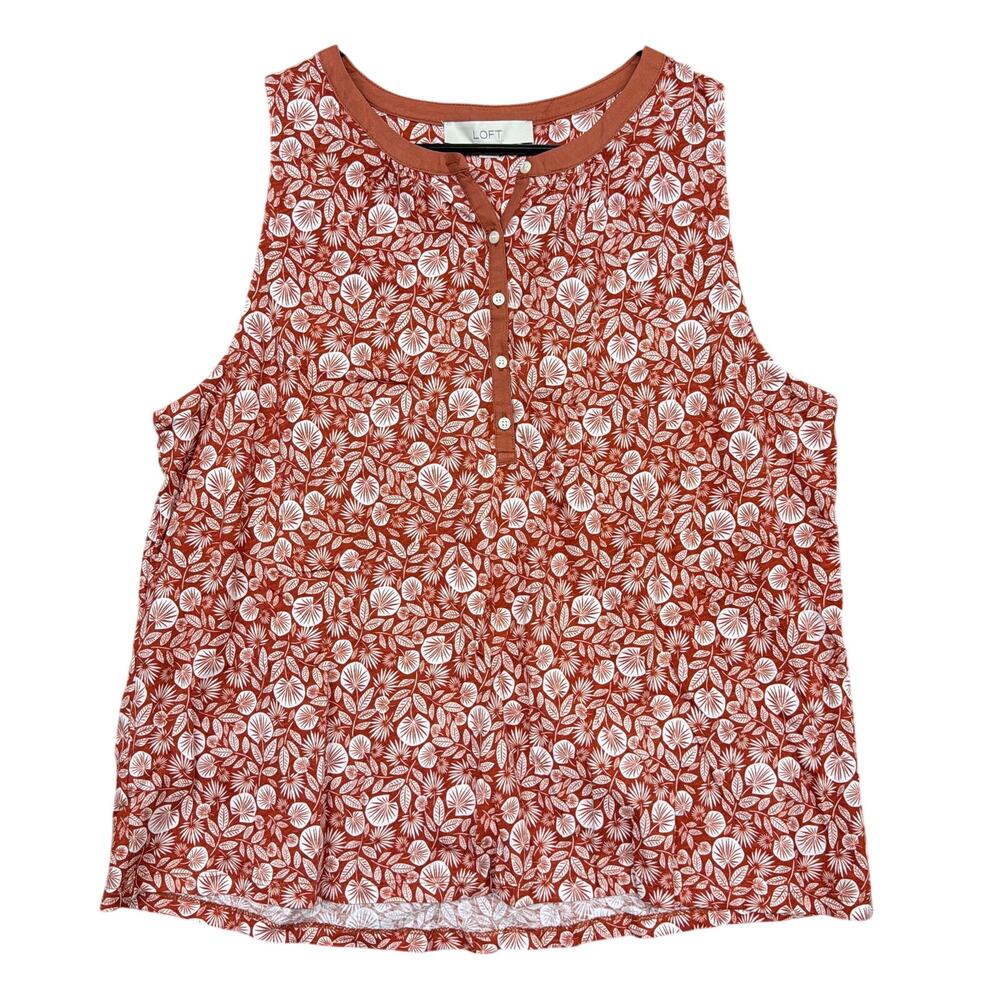 LOFT Womens Blouse Rust Orange Leaf Print Sleeveless Henley Front Large